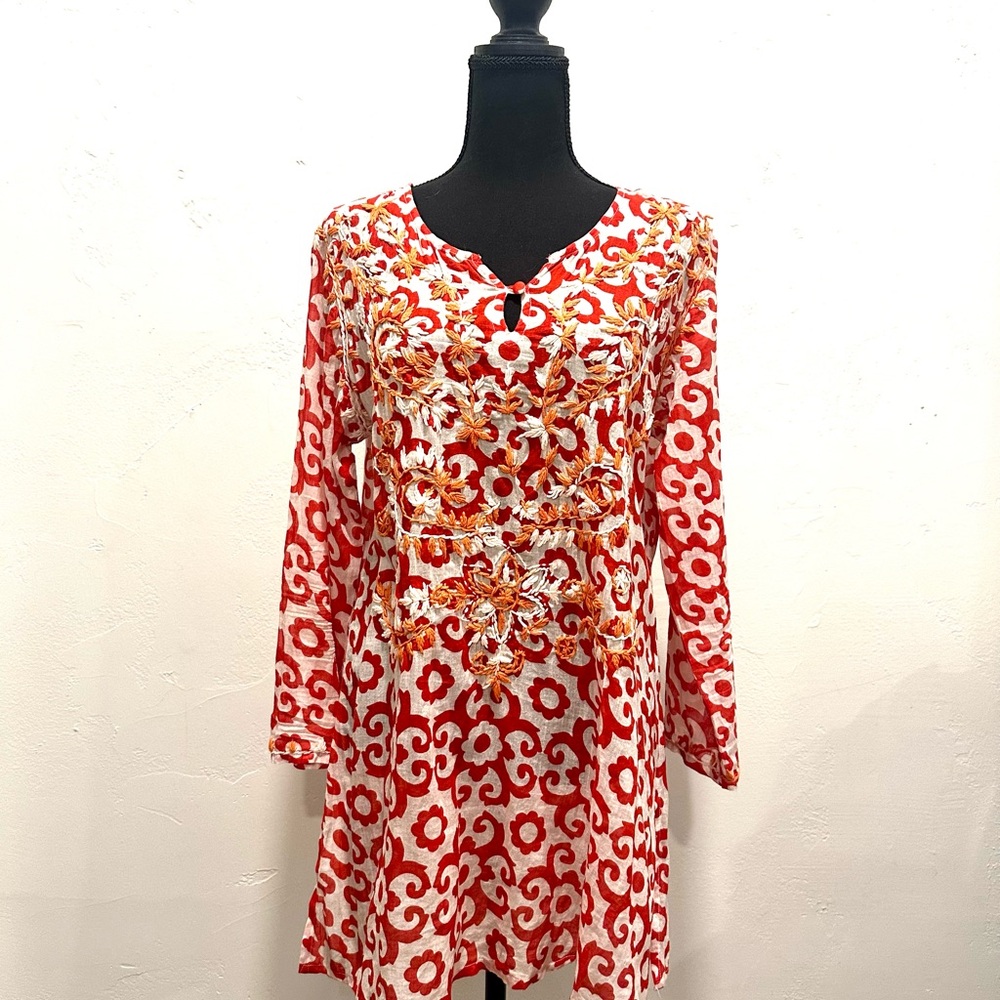 Red & White Paisley Embroidered Tunic